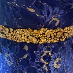 Lace royal blue dress with rhinestone detail.